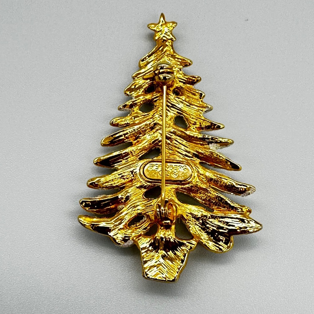 Eisenberg Ice Christmas Tree Brooch White Enamel Rhinestone Gold Tone Small - Picture 4 of 5